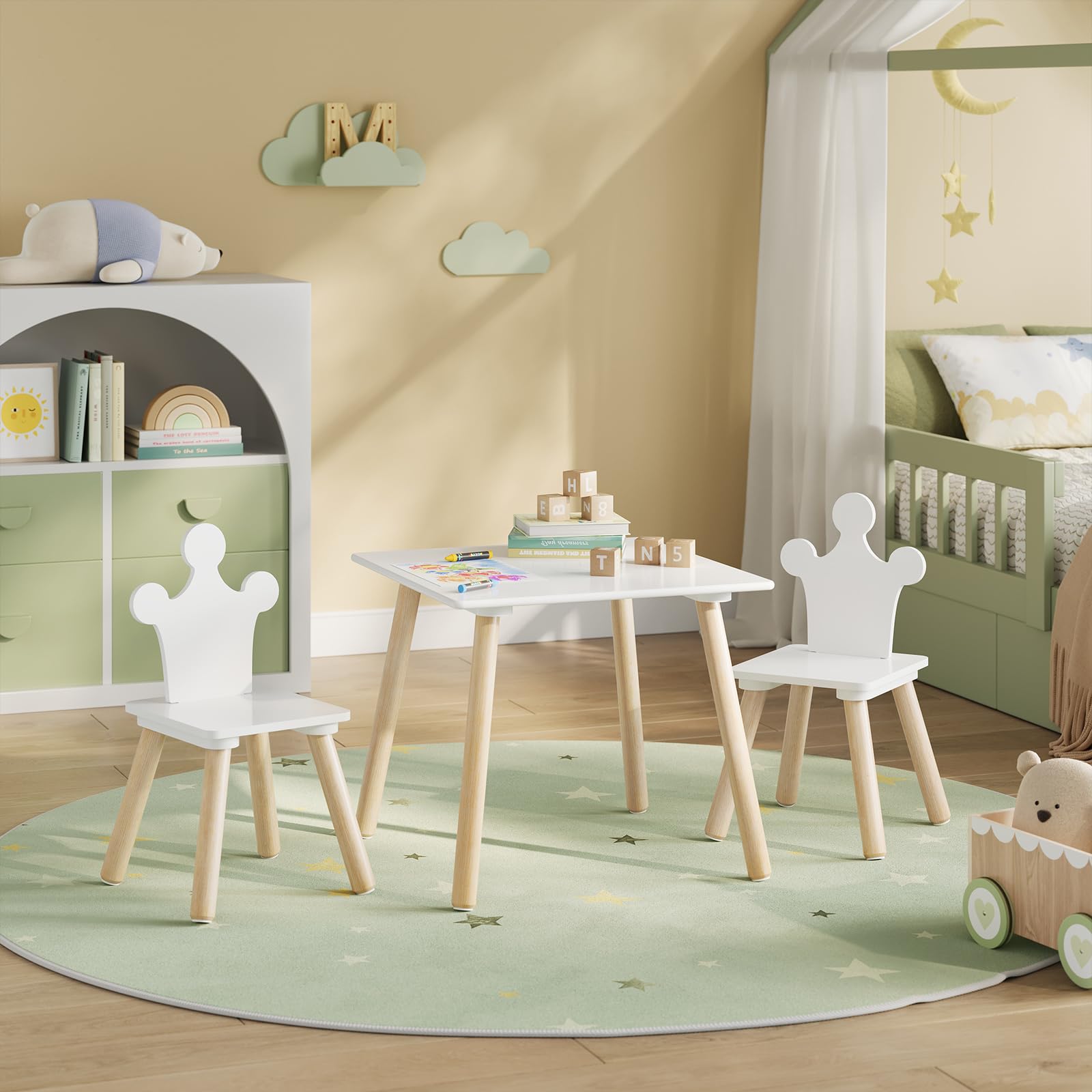 WOLTU WOTU Mesa Infantil con 2 Sillas para Niños, Blanco + Roble Claro