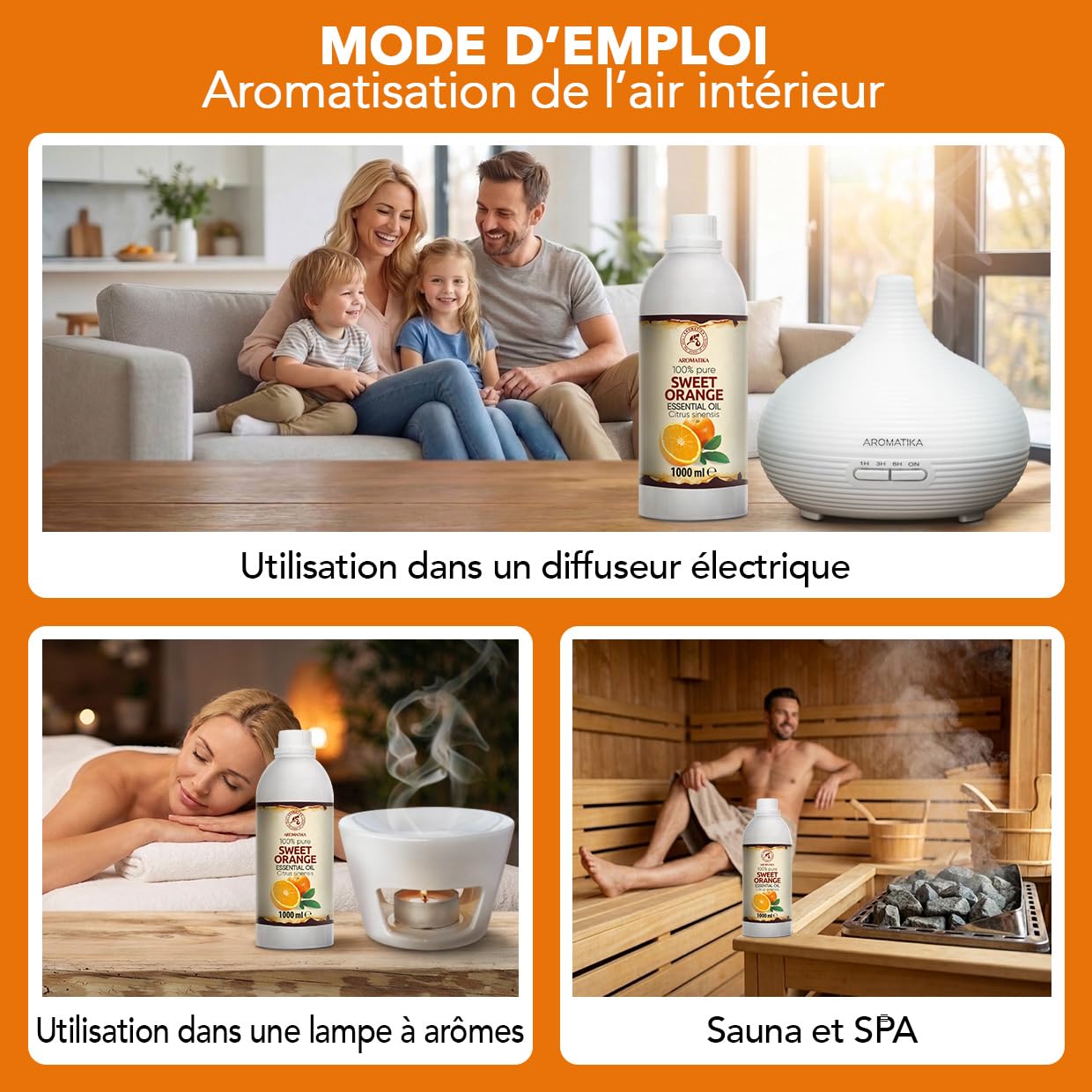 Huile Essentielle D'orange Douce 1000 ml - Citrus Sinensis - Huile d’orange pour Diffuseur et Lampe Aroma - le Savon et les Bougies - Sauna - Parfums d'Intérieur - Arôme d'agrumes - Aromathérapie