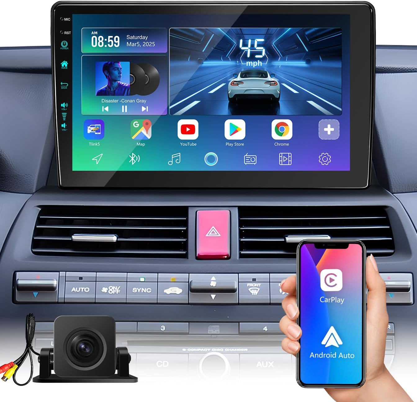 10.2 Inch(4Ram 64Rom) 5GWiFi Car Radio Stereo Upgrade Replacement for Accord 8th 2008 2009 2010 2011 2012 2013 Android 13,CarPlay/Android Auto/FM/AM/RDS/1080P Backup Camera/BT5.4/HD-1080P