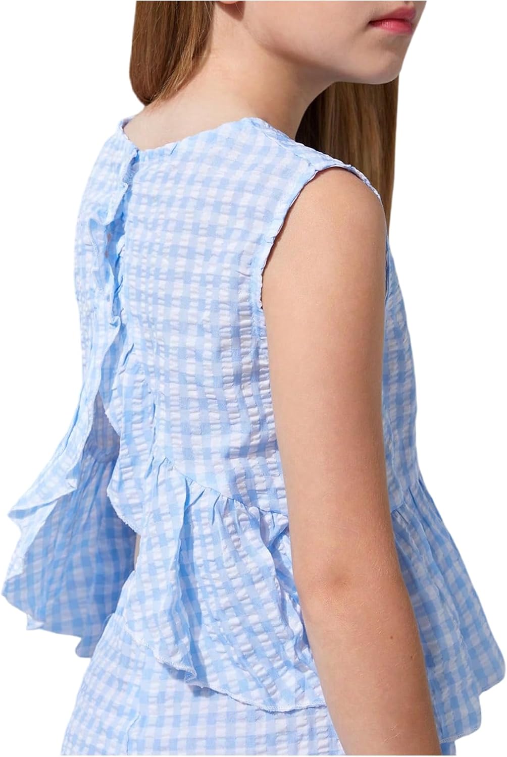 Floerns Girl's 2 Piece Vacation Outfit Gingham Ruffle Tank Peplum Top with Pants Set
