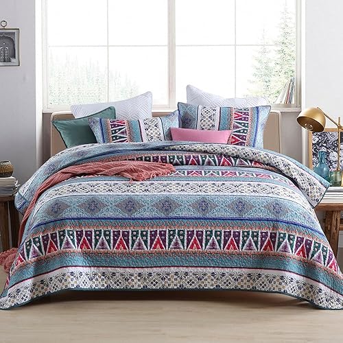 Miniatura 10 de ENASAL Juego de colcha reversible, juego de colcha a rayas, rojo y marrón, colcha bohemia, tamaño King