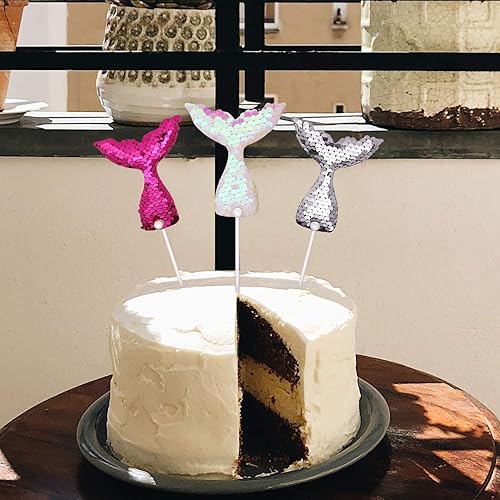 Miniatura 5 de 14 piezas de decoración de cupcakes con cola de sirena, pequeñas y reversibles con lentejuelas, para decoración de pasteles de cumpleaños, palillos