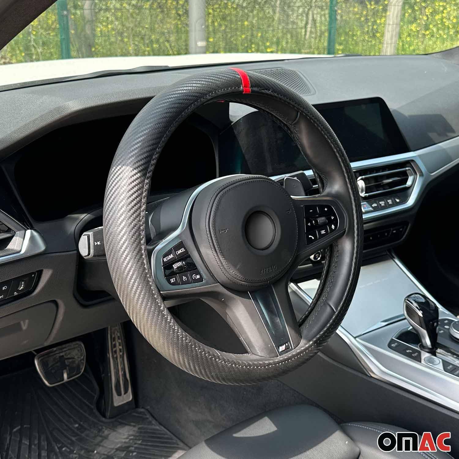 OMAC 14.5-15.5’’ Steering Wheel Cover Red Stripe Leather Anti-Slip Breathable