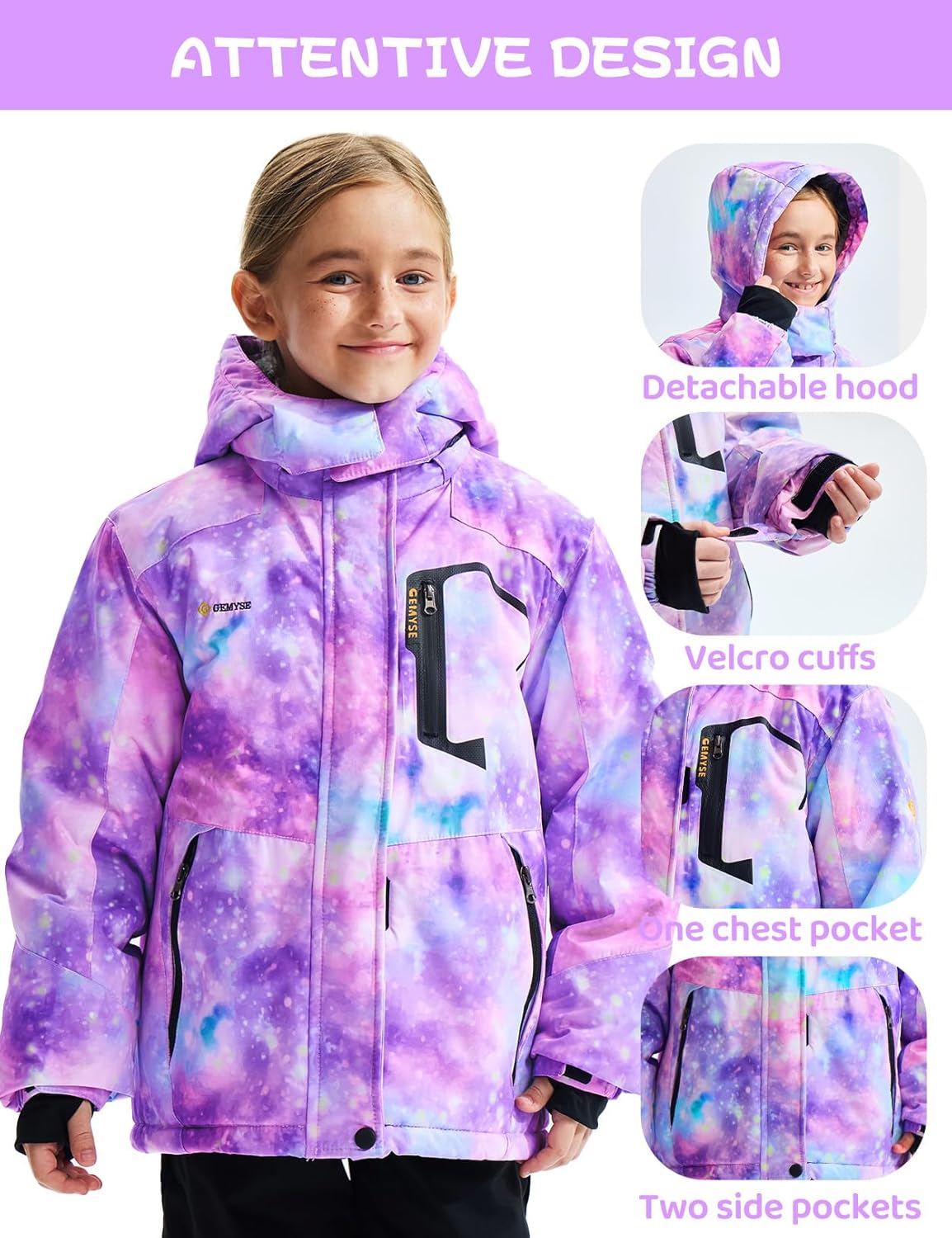 GEMYSE Girl's Waterproof Ski Snow Jacket Fleece Windproof Winter Jacket with Hood