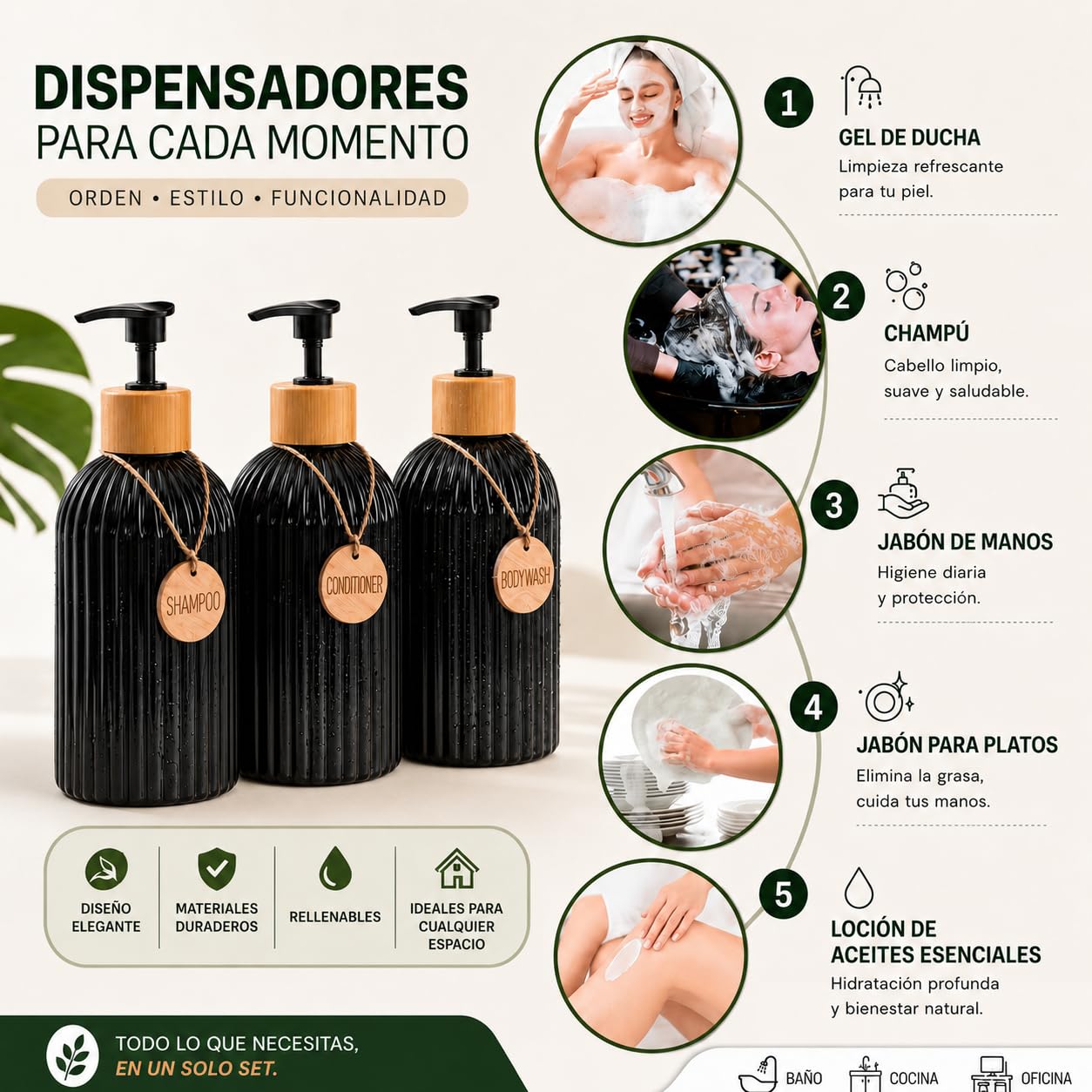 Dispensador Jabon Baño | Set de 3 Botes para Gel Champu y Acondicionador 500ML con 3 Colgantes de bambú | Dosificador Jabon Baño es Elegante y Realzará el Estilo de tu hogar (Negro)