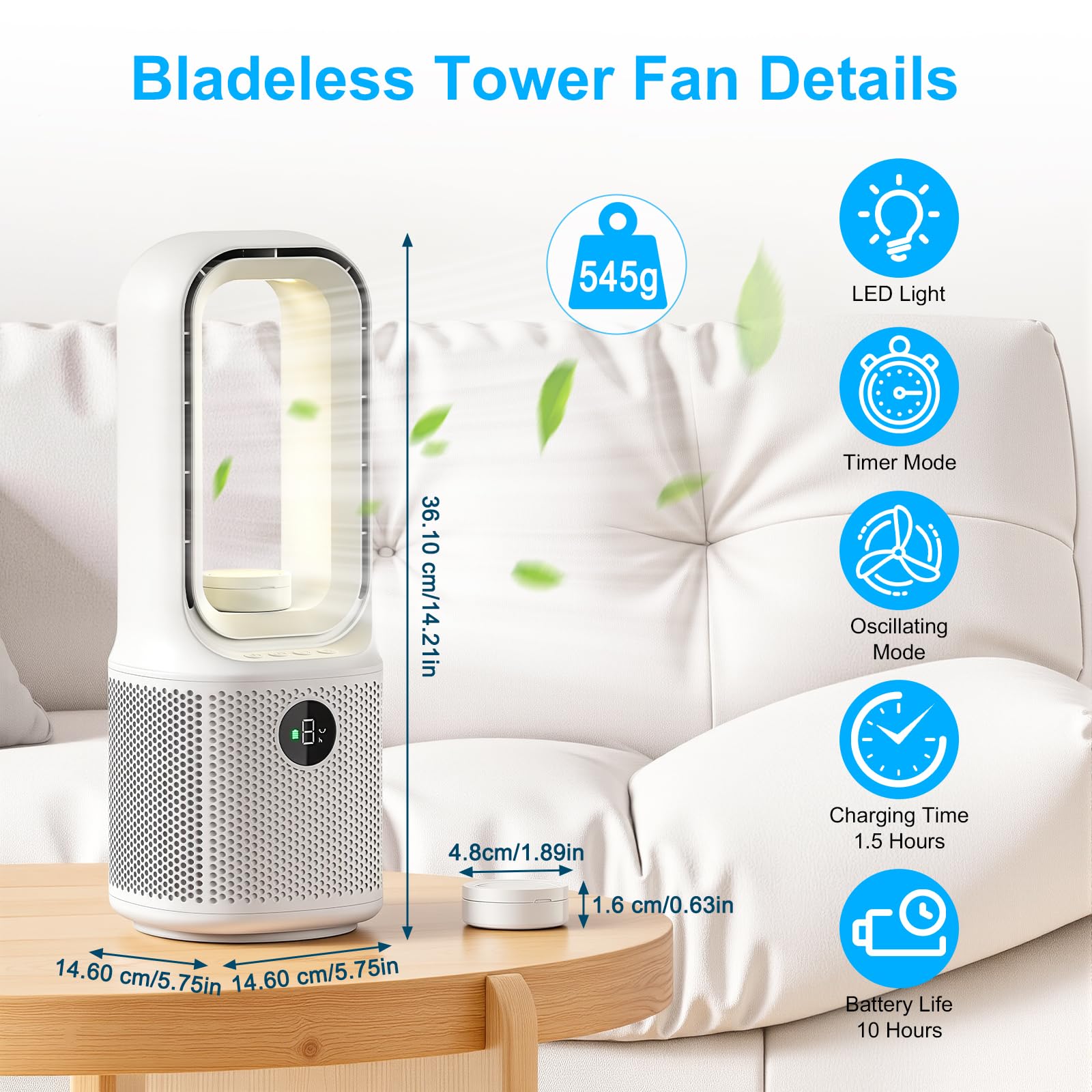 13'' Ventilatore a Torre,9 Velocità,Oscillazione a 60°,Ventilatore Senza Pale con Luce Notturna a LED Dimmerabile & Timer,Funzionamento Ultra Silenzioso,per Camere da Letto, Uffici e Camerette