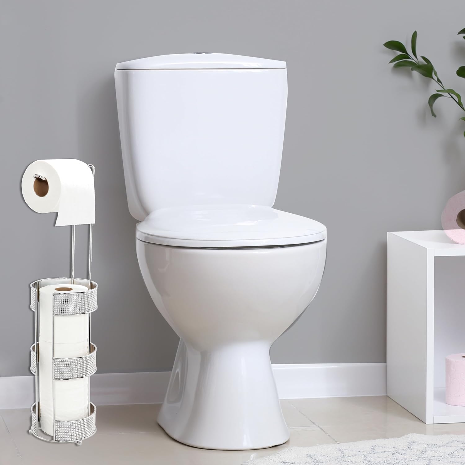 Bath Bliss Pave Diamond Free Standing Toilet Paper Reserve/Holder and Dispenser, Bathroom Storage for 3 Rolls, Rust Resistant, Chrome