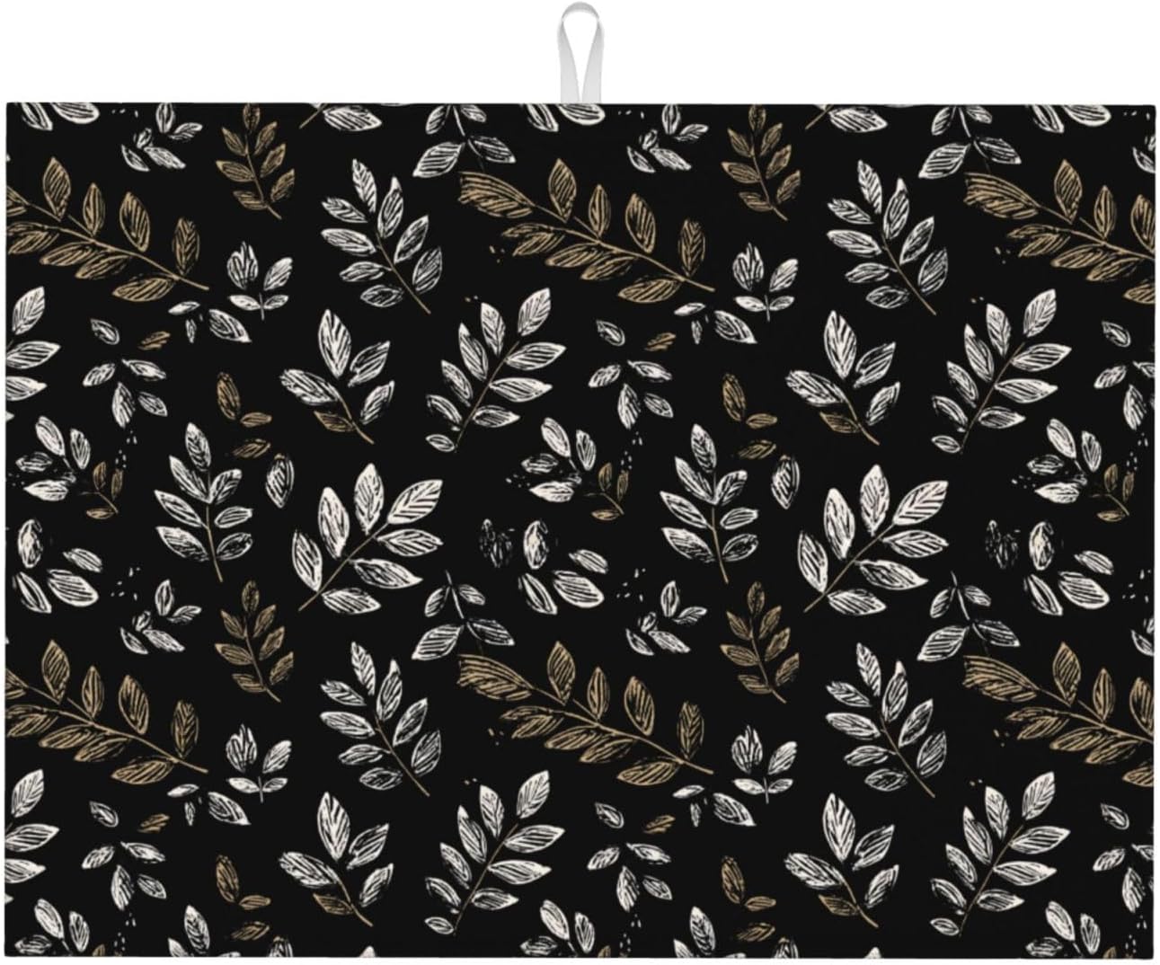 Dish Drying Mat for Kitchen Boho Black Leaf Pattern Counter Absorbent Dishes Drainer Microfiber Large 18x24 Inch