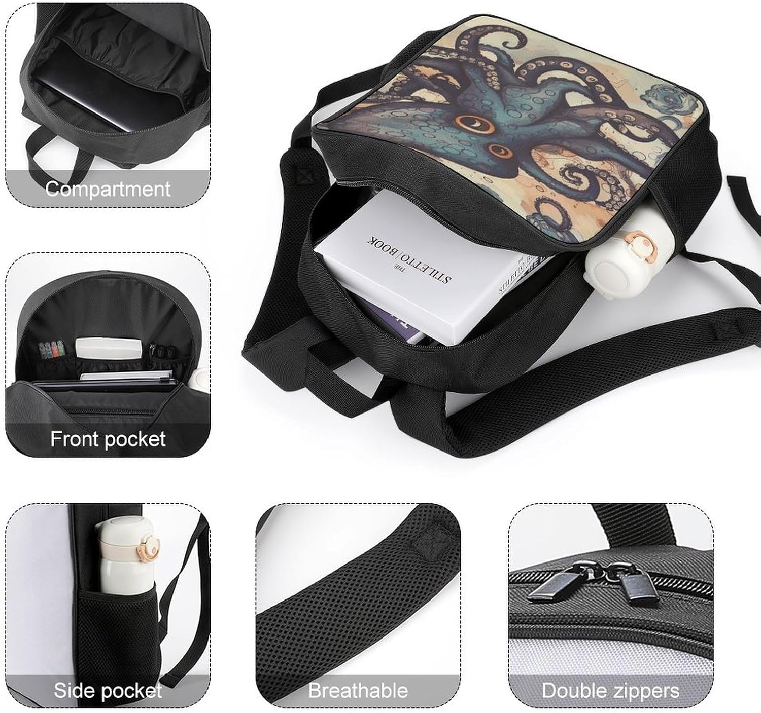 Retro Octopus Travel Laptop Backpack Lightweight Computer Bag Rucksack Work Business Bag for Women Men image 4