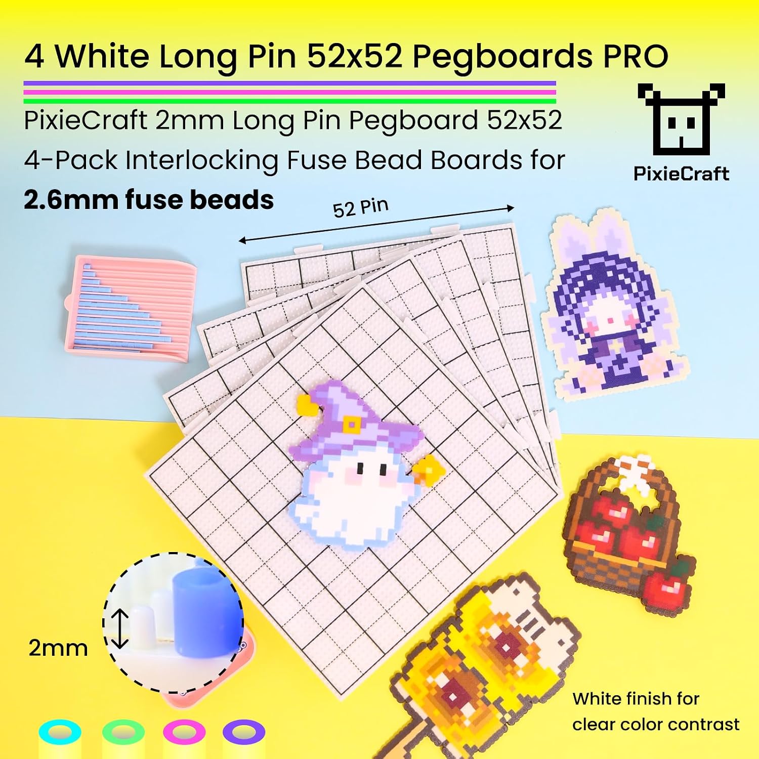 PixieCraft 4 pcs 52x52 Long Pin White Pegboards for 2.6mm Fuse Beads, Interlocking, Grid-Lined Mini Fuse Bead Board with 2mm Pins, Pixel Art & Adult Crafts image 2