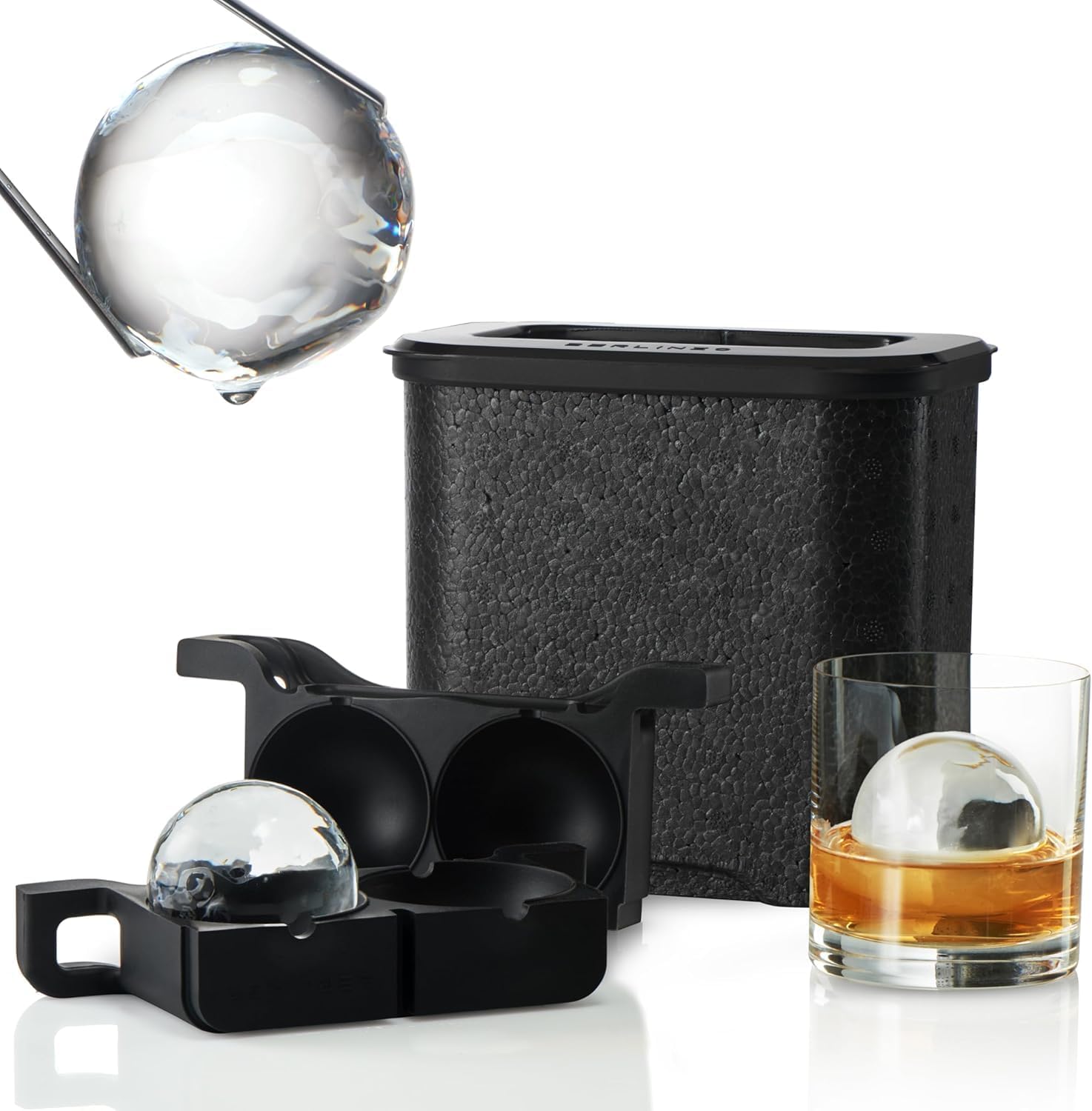 Karp Crystal Clear Ice Ball Maker - 2.35 Inch Large Round Clear Ice Ball Spheres Mold For Cocktail, Whiskey & Bourbon Drinks, Gifts For Men - Silicone, Black