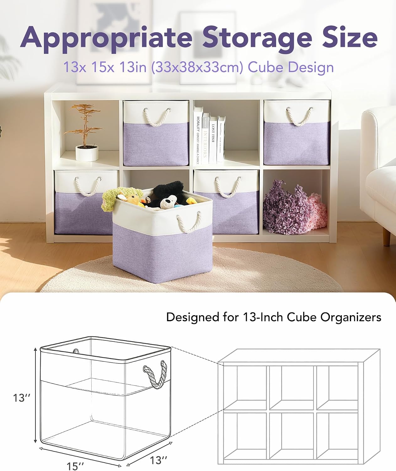 13x15x13 storage cube bins, heavy duty foldable fabric storage bins with handles and metal frame, 6 pack large closet organizer bins for clothes, socks, towels, white purple white purple 13lx15w