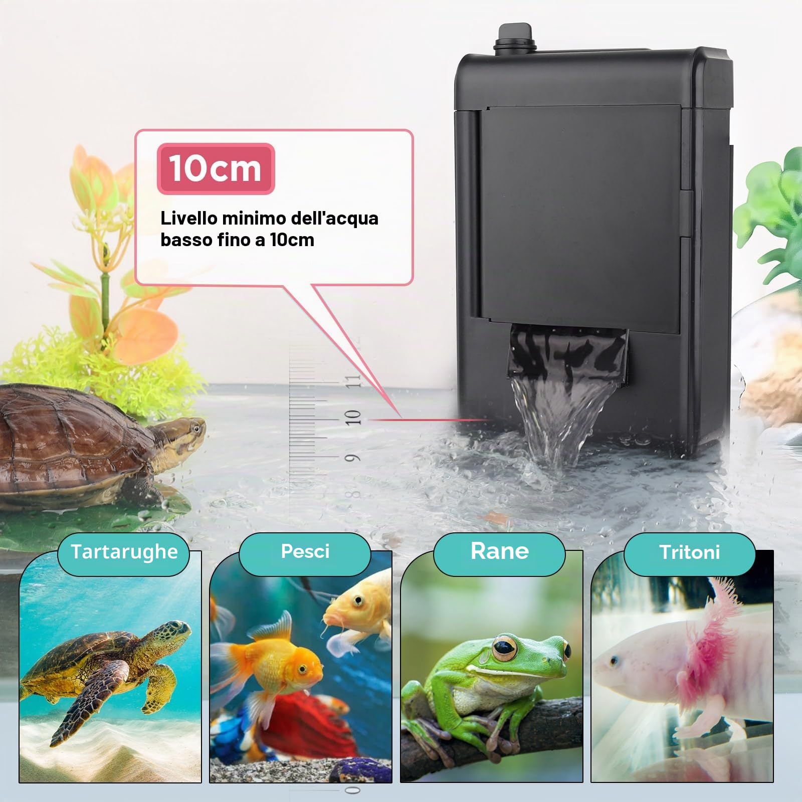 hygger 680LPH Filtro Acquario Tartarughe d'Acqua, 8W Flusso Regolabile Filtro Acquario Interno, Aquarium Filter con Sponge per Amphibian Reptile Frog