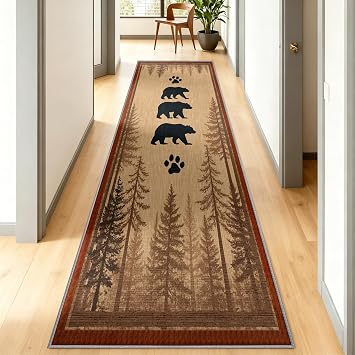 Forest Bear Rug 2x12 Runner, Forest Lodge Indoor Rug, Nature Motif Rugs for Foyer, Floor Protector High Traffic Resistant Rugs Rustic Bear Home Decor