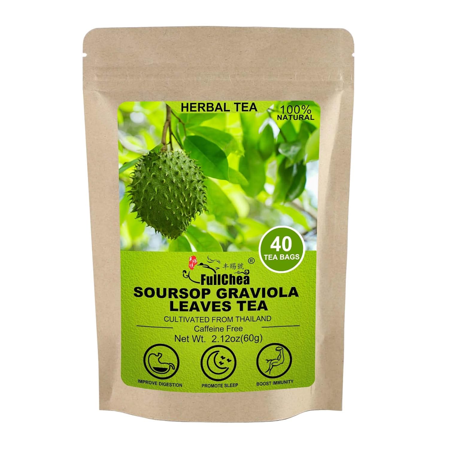 FullChea Soursop Leaves Tea Bags, 40 Teabags, 1.5g/bag