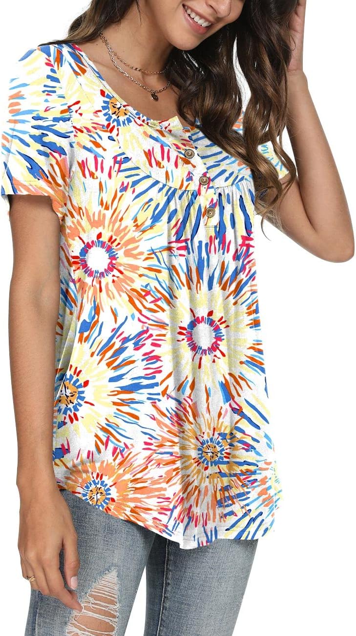 POPYOUNG Women's Summer Tops Short Sleeve Tunic Loose Fitting Henley Shirts Button Down Blouses - Image 2