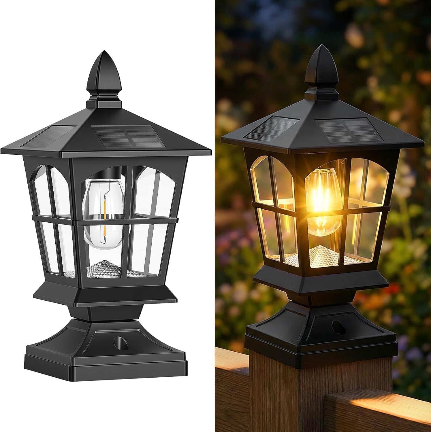 Brightever Thomas Edison Solar Post Lights Outdoor 2-Pack, Waterproof Solar Fence Post Lights (Warm White), Solar Powered Post Cap Lights for 4x4 5x5 6x6 Posts, Ideal for Deck Patio Garden Yard, Black