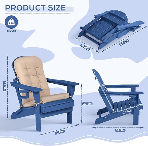 Miniatura 2 de Adirondack - Silla Adirondack con cojín y soporte para tazas, silla plegable Adirondack de HDPE con grano similar a la madera, sillas para