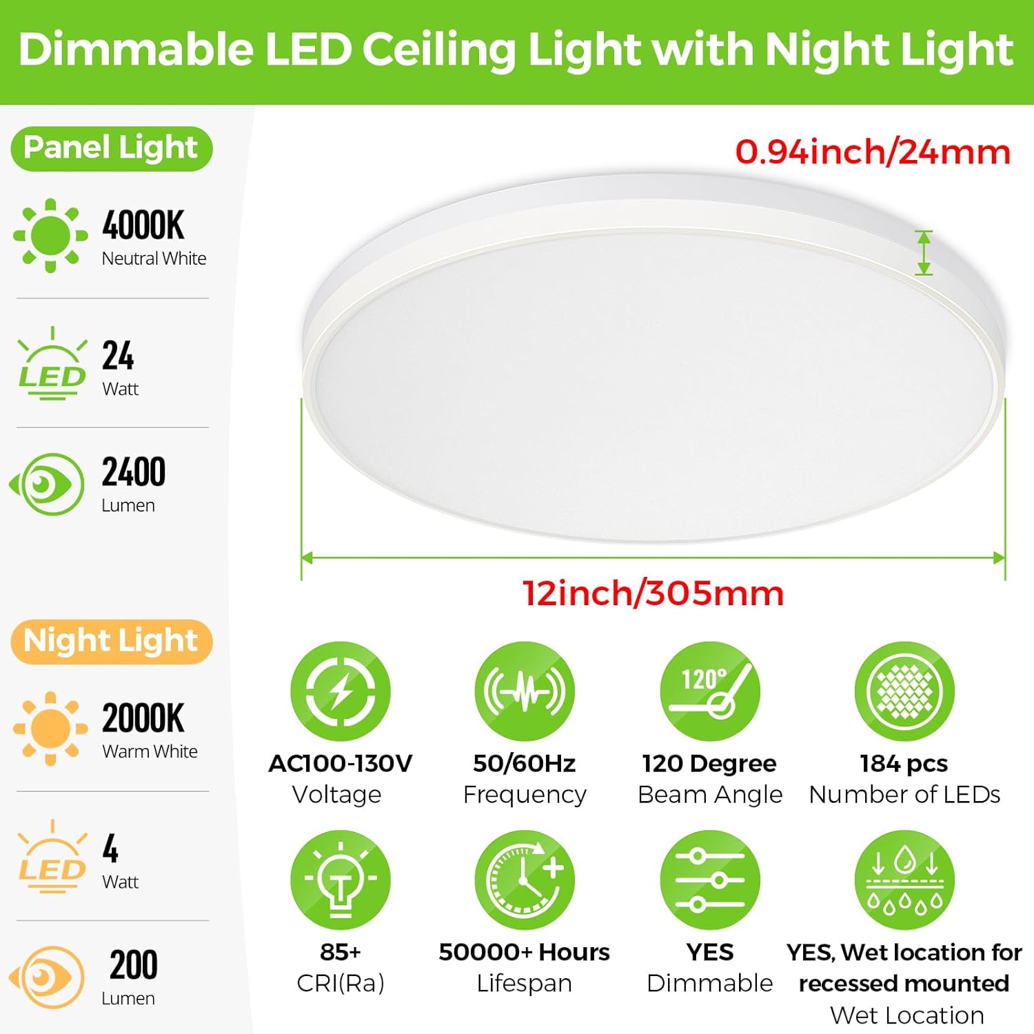 Detailed specifications and dimensions of the SunRider LED Ceiling Light, showing 12-inch diameter, 0.94-inch thickness, 4000K main light, 2000K night light, 24W, 2400 Lumens, 184 LEDs, 50000+ hours lifespan, and dimmable feature.