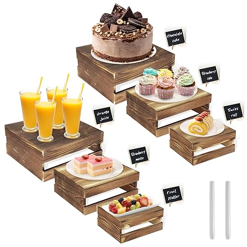 6 Pcs Buffet Risers with Mini Signs, Rustic Wood Cake
