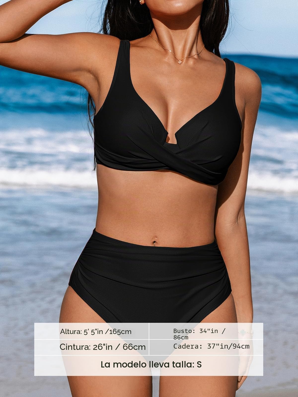 CUPSHE Conjunto de bikini para mujer, de cintura alta, con aros, correas ajustables, gancho trenzado, cobertura completa