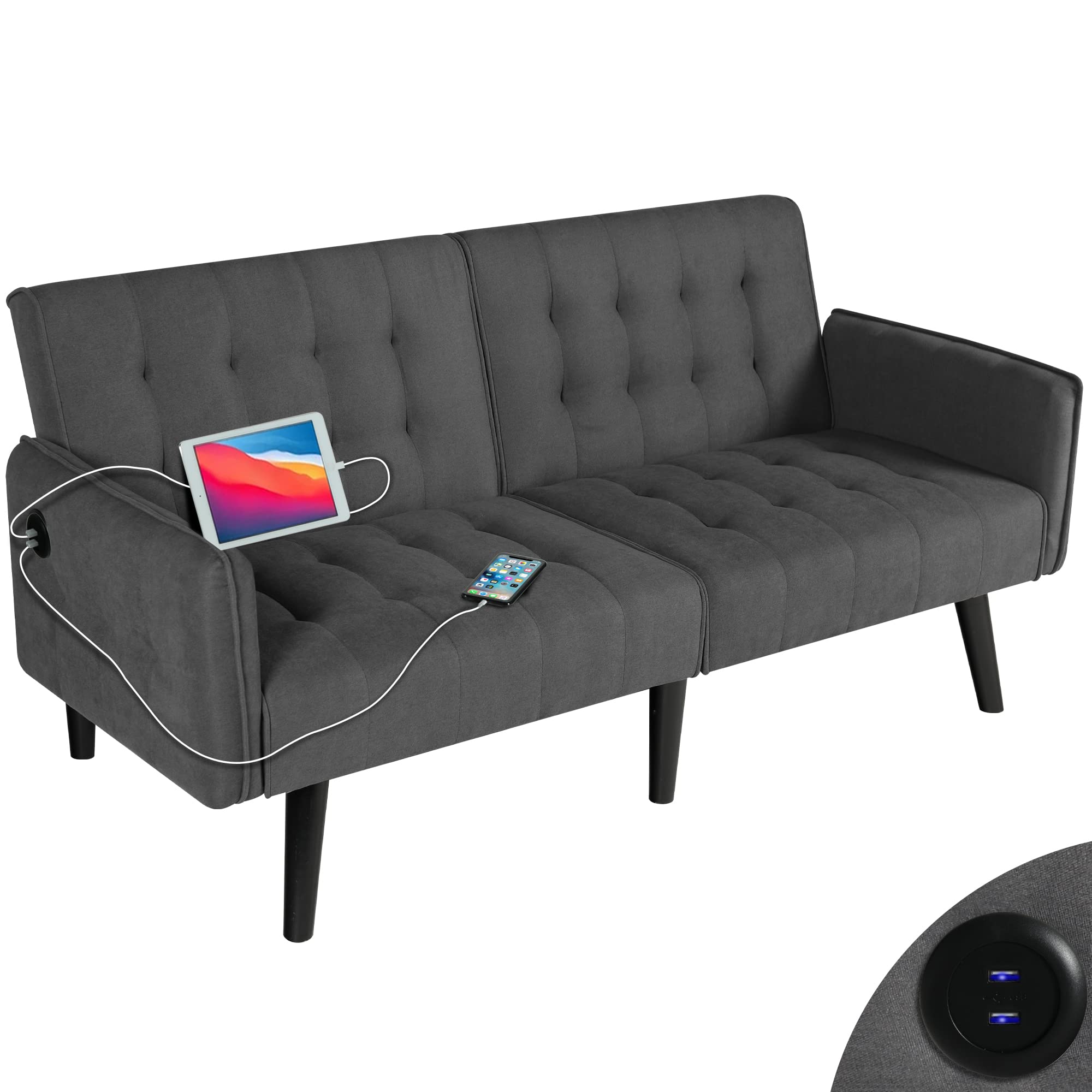 TYBOATLE 65" Modern Fabric Linen Upholstered Convertible 2 USB Ports ...