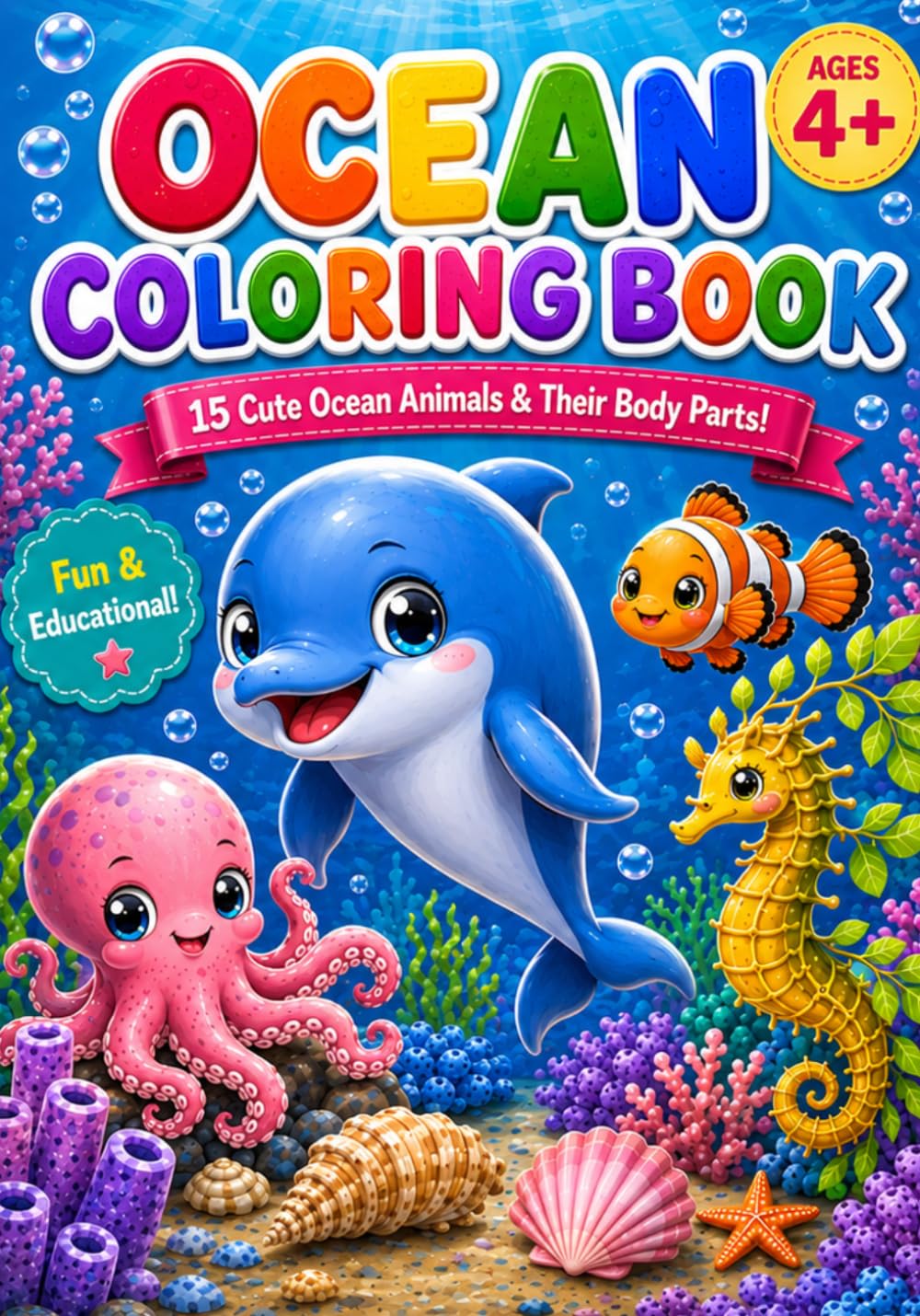 Ocean coloring book: color and learn aquatic animals' parts of body