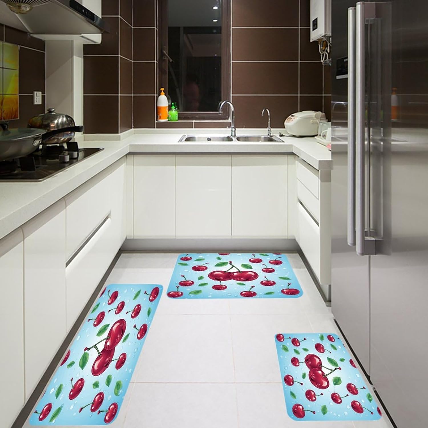 Cherry Kitchen Rugs Sets of 3 Washable Non Slip Kitchen Rug Water Resistant Carpet Piece Anti Fatigue Kitchen Mats Soft Comfort Standing Mat Modern Area Rug