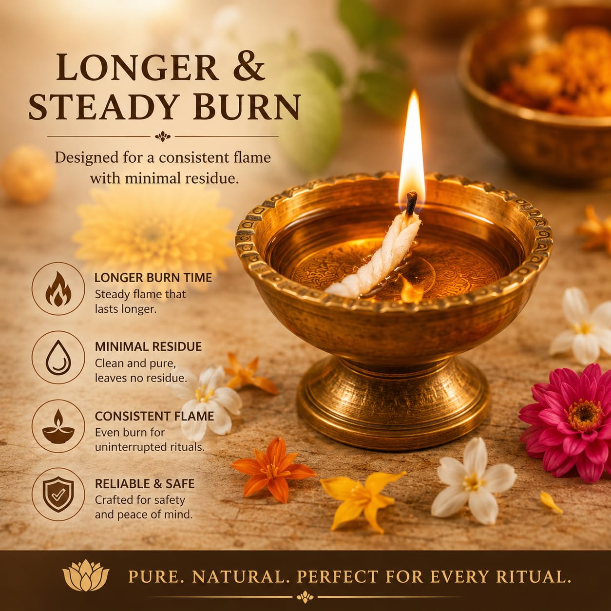 Blessora Cotton Wicks for Diya Pooja - Kesar Cotton Phool Batti for Aarti, Deepak & Akhand Jyot | Long Lasting Cotton Batti for Temple, Mandir & Daily Puja