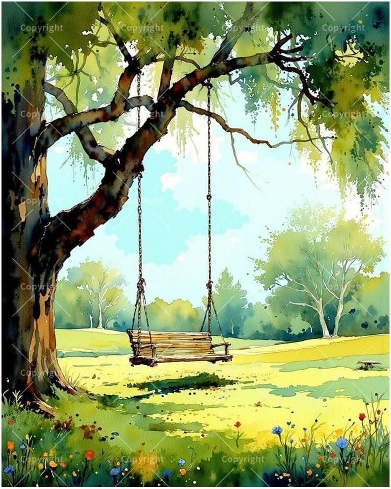 Nature Paint by Numbers Kit for Adults - DIY Wooden Swing Hanging from Tree in Sunny Meadow Painting on Canvas, Acrylic Paint Set for Beginners, Art for Home Decoration or Gifts(16X20IN Framed)
