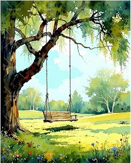 Nature Paint by Numbers Kit for Adults - DIY Wooden Swing Hanging from Tree in Sunny Meadow Painting on Canvas 16x20 Inches, Acrylic Paint Set for Beginners, Art for Home Decoration or Gifts