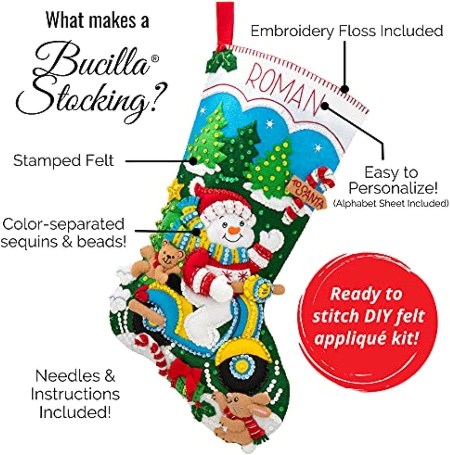 Bucilla Felt Applique 18" Stocking Making Kit, in The Workshop, Perfect for DIY Arts and Crafts, 86165