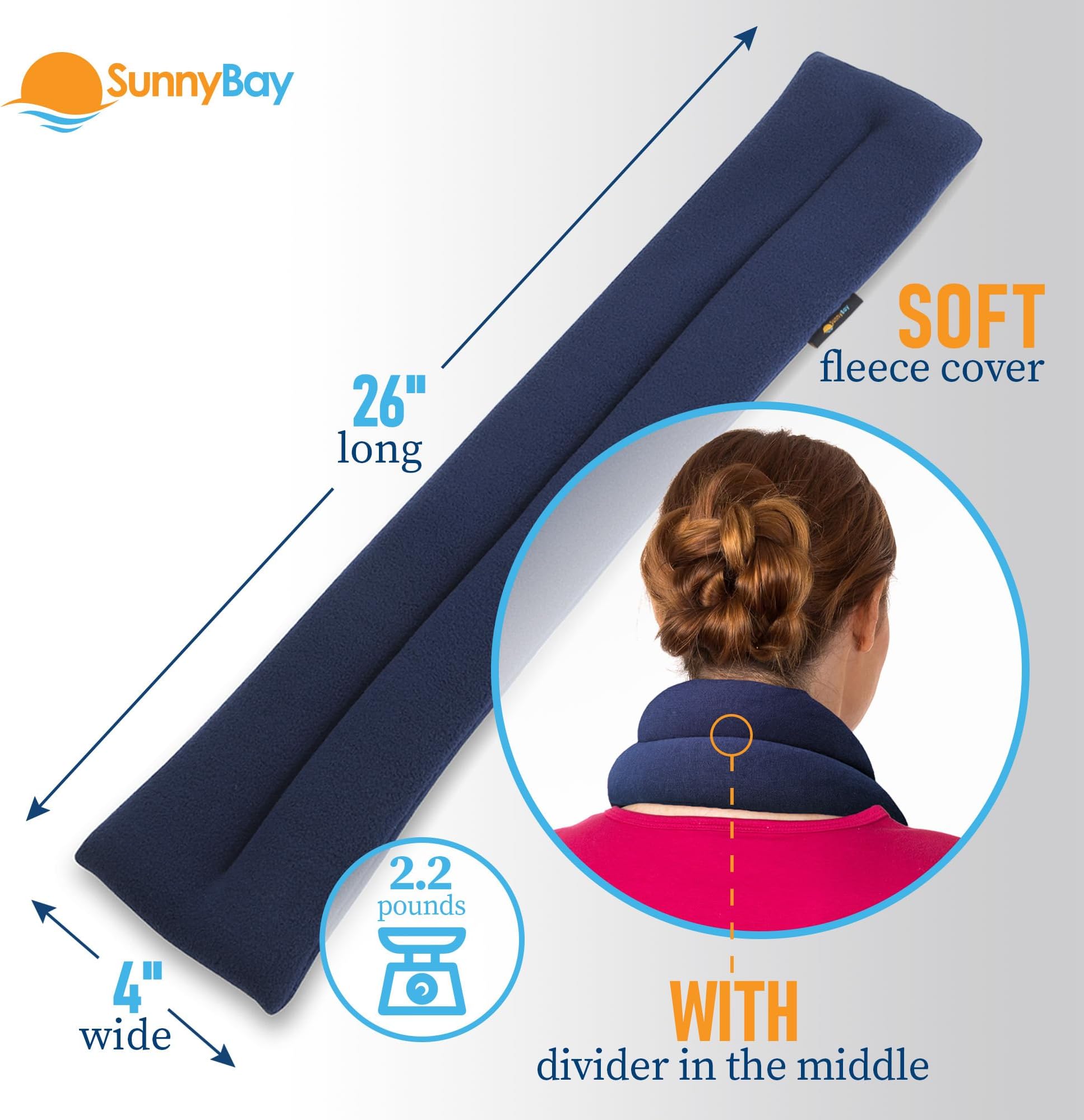 Sunny Bay Microwavable Neck Heating Wrap, Extra Long, 25"X5", Microwave Hot/Cold Pad, Reusable, Portable, Navy Blue