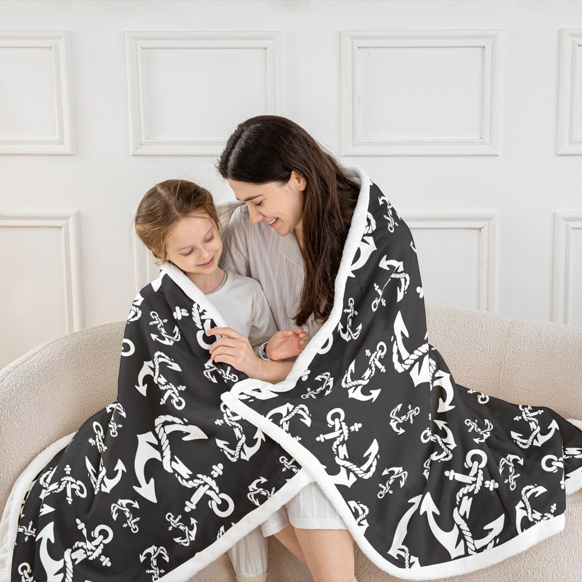 Feelyou Anchor Fleece for Bed Sofa Couch Nautical Sherpa Blanket Throw Blanket Black White Ocean Marine Themed Plush Room Decor Sea Adventure Fuzzy Queen 90"x90"