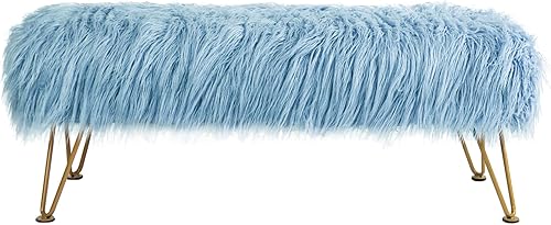 Miniatura 8 de Banco otomano de piel sintética de felpa suave azul para entrada, reposapiés peludo, 46 x 16 x 17 pulgadas, banco largo resistente para dormitorio,
