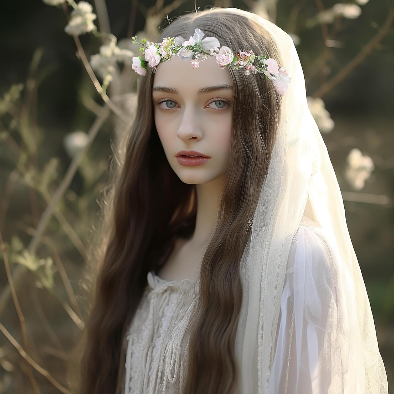 Pearl Flower Crown Floral Garland Headband Flower Halo Headpiece Hair Wreath Boho Photos Wedding Pink - Image 4