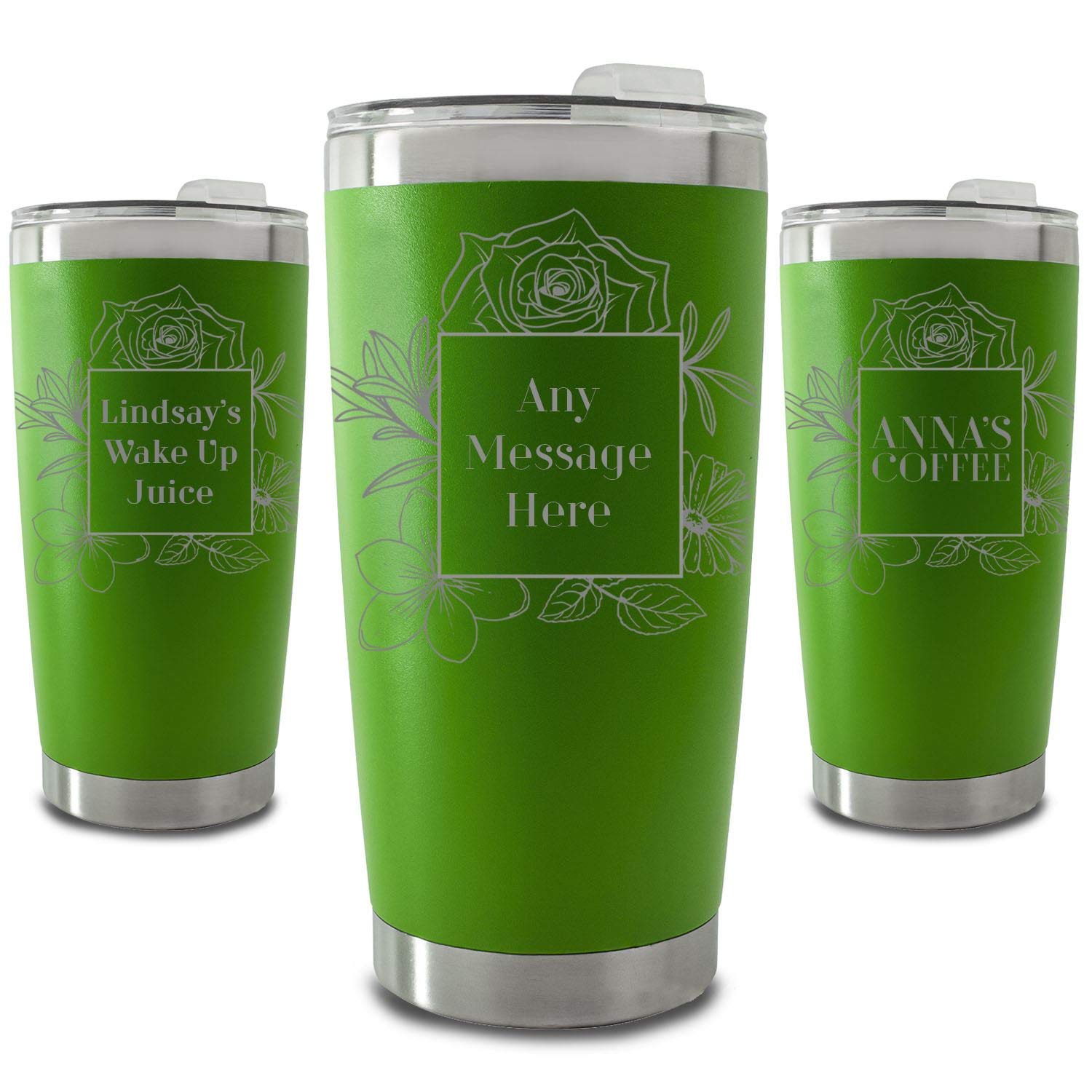 Personalisierter, gravierter, grüner 500-ml-Reisebecher mit quadratischem Blumenmuster, personalisierbar mit einer beliebigen Nachricht oder einem Namen, inklusive Geschenkbox, lasergraviert
