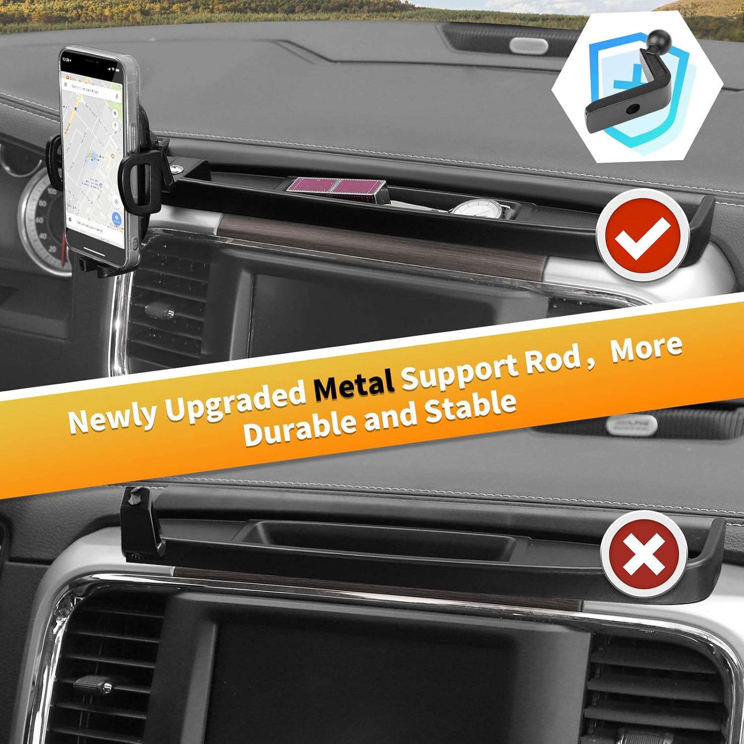 Multi-Mount Dash Phone Holder with Metal Rod for 2012-2017 Dodge RAM, Phone Mount Storage Tray Cellphone System Kit