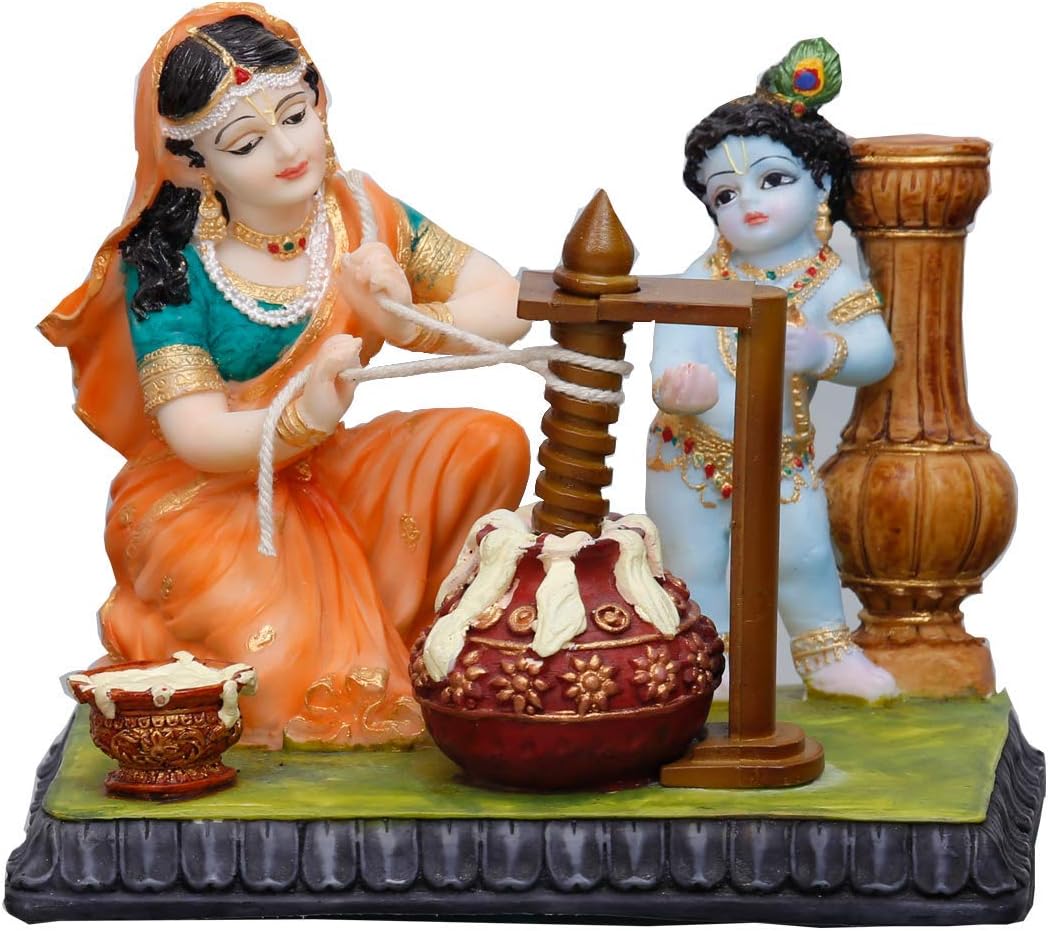 Ma Yashoda Extracting Butter & Krishna Murti-Hindu God and Goddess Idol/Statue/Murti/Figurine(5.5")-Polyster Resin-Multicolour