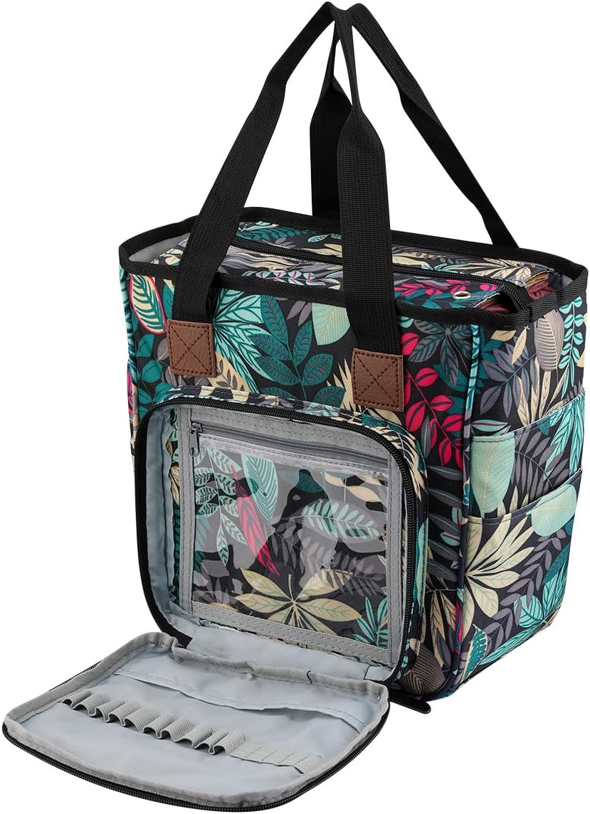 LOOEN Knitting & Crochet Project Bag - Large Zippered Tote With Yarn Holes, Pockets For Hooks & Needles