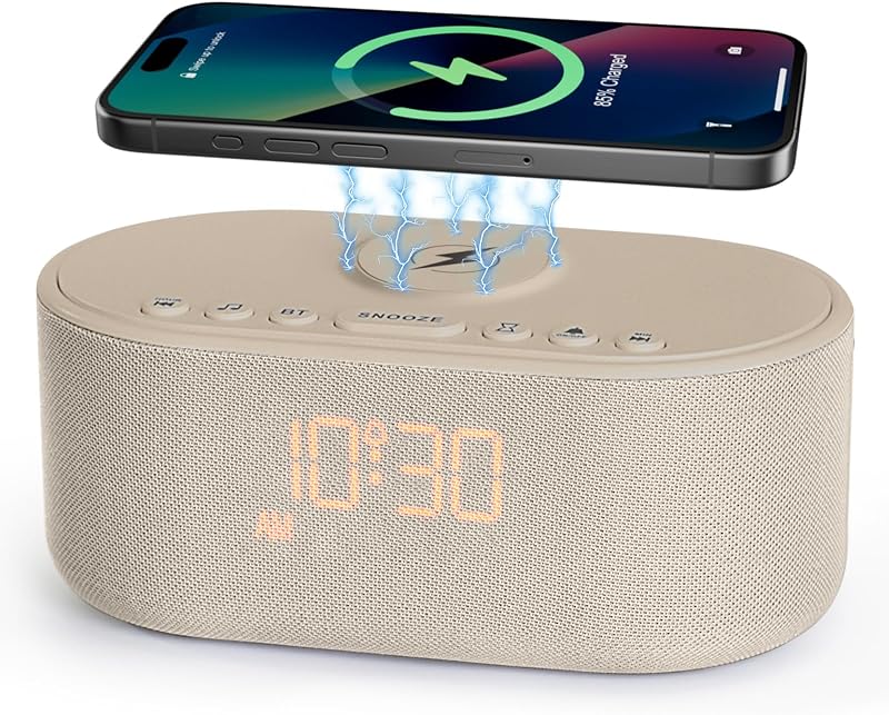Odokee Sound Machine Alarm Clock for Bedrooms with Wireless Charging | Dimmable Clock with Bluetooth Speaker - White Noise Machine for Sleeping with 21 Soothing Sounds for Baby Adults Kids - Putty