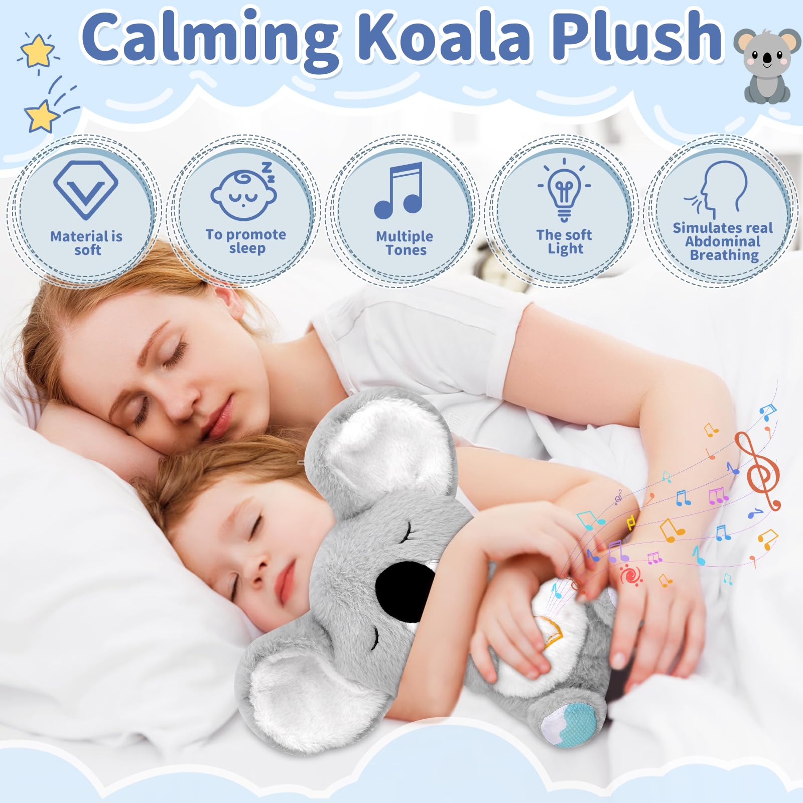 NAVESO Koala Apaisant Bébé – Peluche Respirante Avec Lumière Rouge, Musique & Respiration Rythmique – Aide Au Sommeil