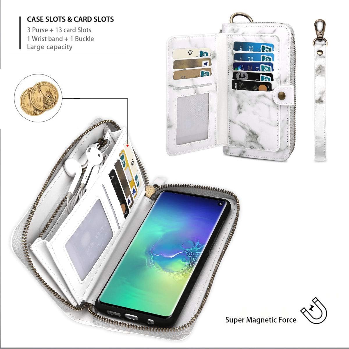 Petocase Compatible Galaxy S10 Wallet Case, Multi-Functional PU Leather Zip Wristlets Clutch Detachable Magnetic 13 Card Slots 4 Cash Purse Protection Back Cover for Samsung Galaxy S10 White Marble