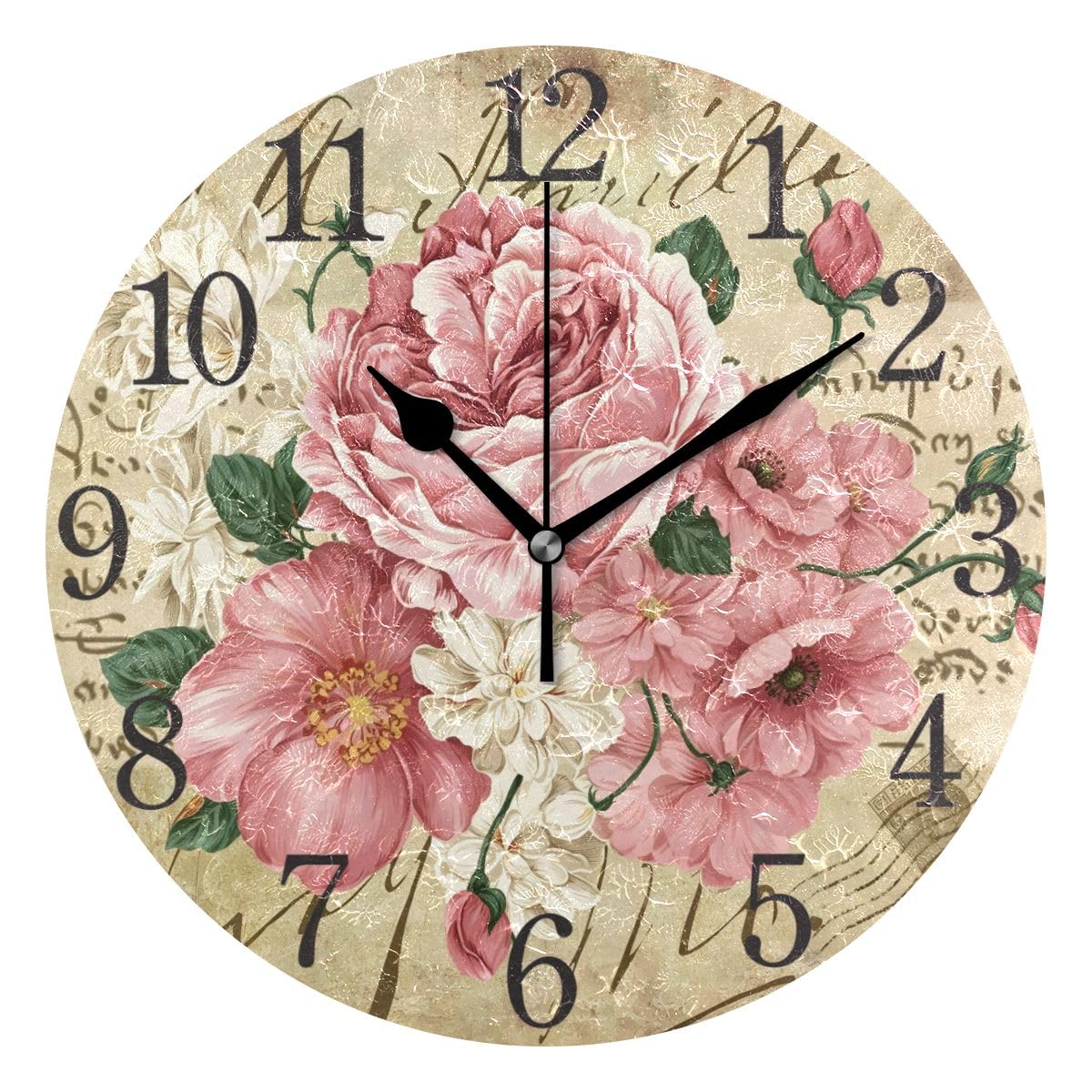 Horloge murale ronde vintage shabby chic avec roses déco rétro salon et salle de bain