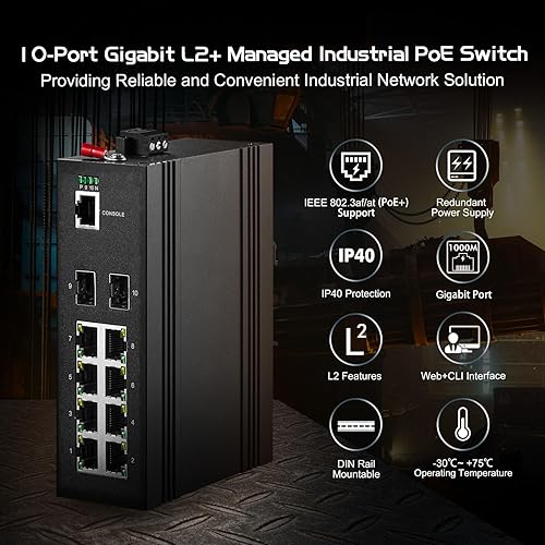 Miniatura 2 de Binardat Conmutador de riel DIN industrial gestionado Gigabit L2+ de 10 puertos, 8 puertos Gigabit Ethernet, 2 Gigabit SFP, VlanRutaAnilloACLQos