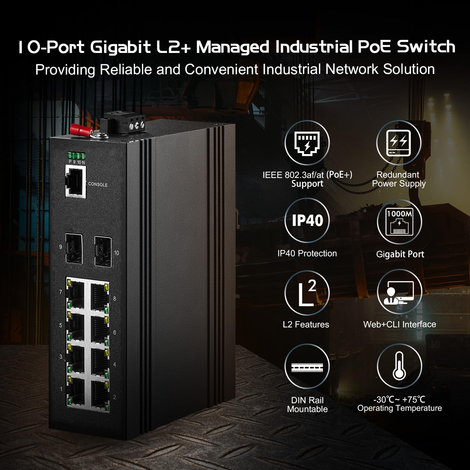 Binardat 10 Port Gigabit L2+ Managed PoE Industrial DIN-Rail Switch, 8 Gigabit PoE Ports, 2 Gigabit SFP, IEEE802.3AF/at, Vlan|Route|Ring|ACL|Qos Web/Konsole Managed