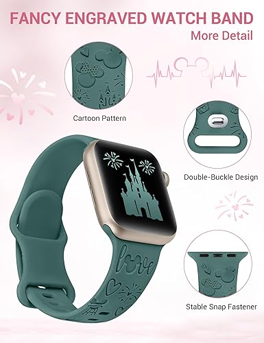 Miniatura 4 de Girovo Paquete de 2 correas de silicona suave grabadas con dibujos animados compatibles con Apple Watch de 414038424544461.929 in, correa de