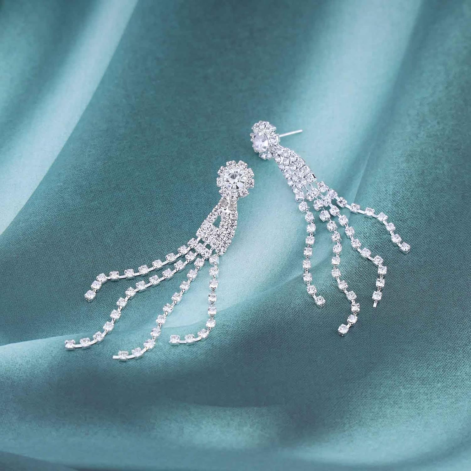 Rhinestone Tassel Drop Earrings Silver Crystal Chandeliers Earrings Long Rhinestone Earrings Cz Tennis Chain Earrings Wedding Birdal Earrings Jewelry for Women - Image 6