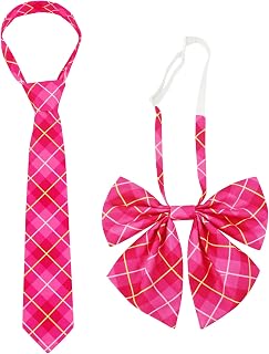 Pre-Tied Bowknot Bow Tie Unisex Uniform Adjustable Plaid Tartan Bow tie and Necktie Set for Cosplay Costume 2 Pieces