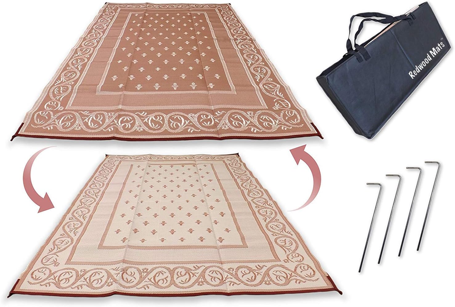 Patio Mat 9' X 12' Beige Reversible Outdoor Rug Camping Rv Mat Indoor (With Ground Stakes & Carry Bag)